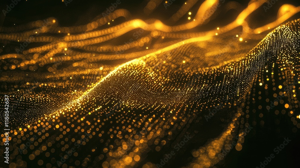 Poster abstract flowing golden waves with shimmering particles creating a mesmerizing dynamic background de