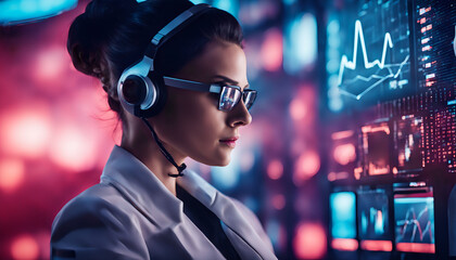 Professional female wearing a headset, analyzing visual data on futuristic monitors with determination and precision, in a technology advanced environment.