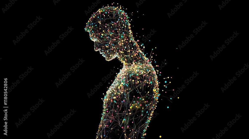 Fototapete abstract representation of a human silhouette with colorful light trails and particle effects agains