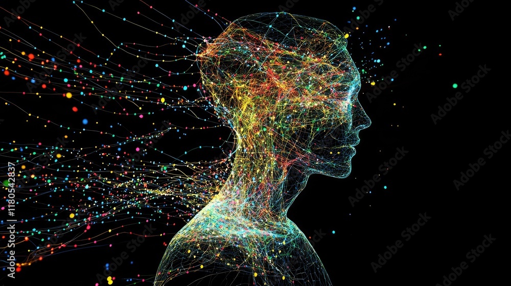 Poster Abstract representation of human mind with colorful neural connections and vibrant information flows in a dark background