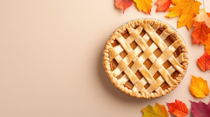 Sweet Potato Pie with Lattice Crust and Autumn Leaves