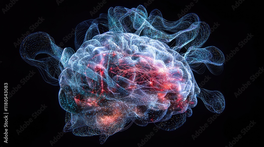 Poster Abstract digital brain visualization with luminous strands and light effects on a dark background