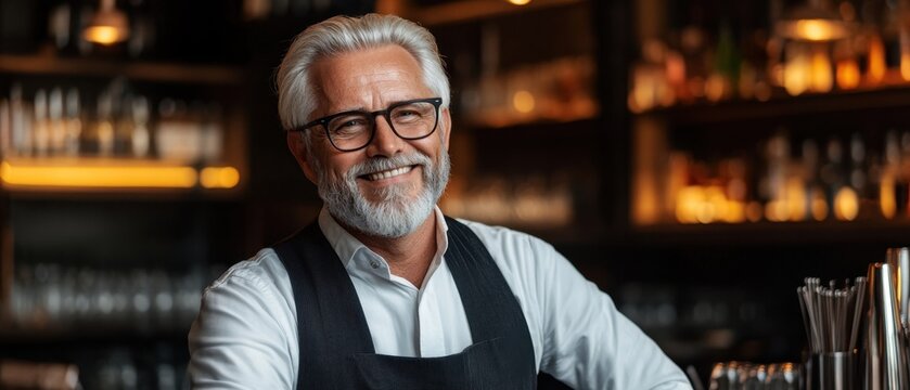 Smiling Senior Bartender in a Modern Bar Setting