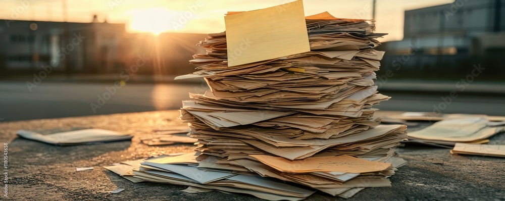 Poster a tall stack of assorted papers and notes, illuminated by warm sunlight, rests on a surface, creatin