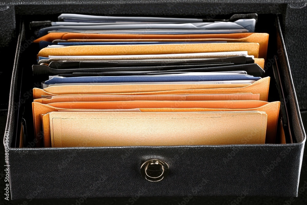 Poster a neatly organized drawer filled with various folders and documents, showcasing a mix of colors and 