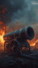 Medieval Cannon in Fiery Battle: A Digital Painting