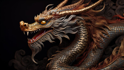 Fototapeta premium Chinese dragon on a black background. Illistration of ancient asian dragon on black background. Dragons background.