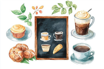 A vibrant coffee and pastry illustration featuring various drinks and treats, perfect for any cafe or food-related project.