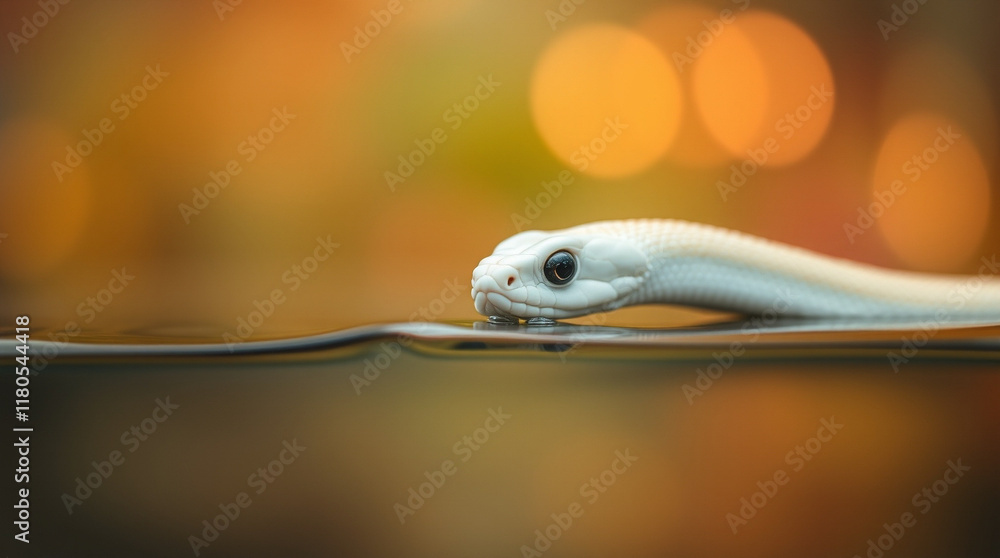Poster albino snake near water with bokeh background. a captivating close-up showcasing the snake's unique 
