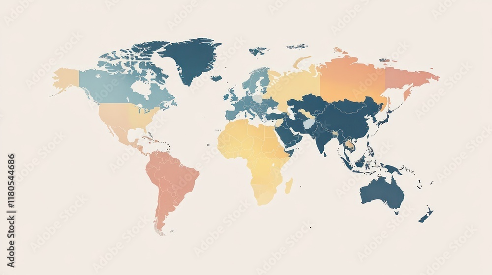 Poster pastel world map with regional color coding.