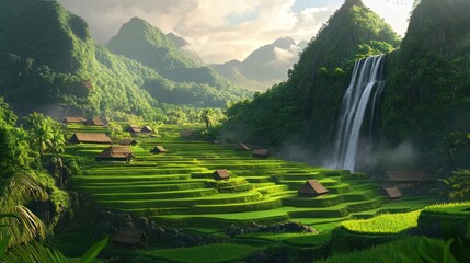 Lush green rice terraces and waterfall in mountainous landscape.
