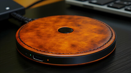 Brown leather wireless charger on dark wooden desk with computer peripherals.