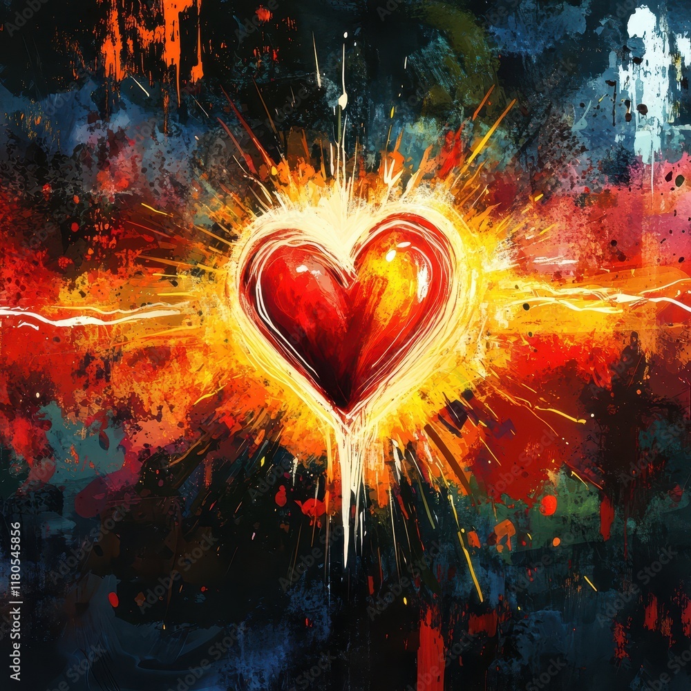 Poster fiery heart exploding in colorful abstract art