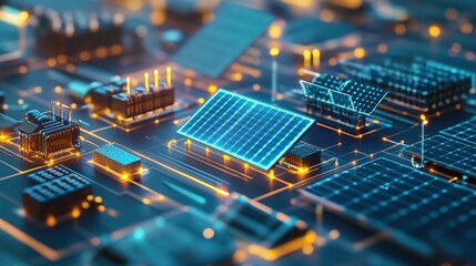 Obraz premium Solar panels circuit board close up with electric glow.