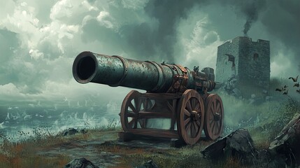 Coastal Cannon: A Moody Seascape with Ruins
