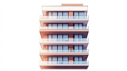 Modern apartment building with balconies, isolated on white background.