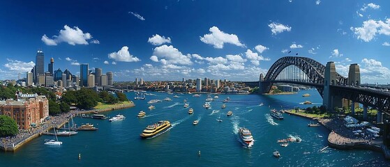 Naklejka premium Sydney Harbour Bridge, Cityscape, Boats, Sunny Day, Tourist Attraction, Stock Photo