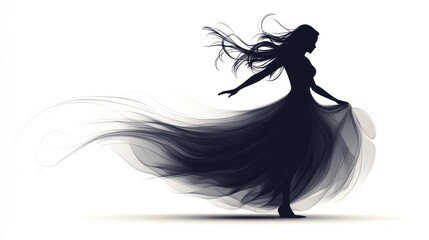 Fototapeta premium Silhouette of woman in flowing dress, windswept hair.