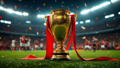 Golden football trophy on green pitch amid celebratory stadium scene.

