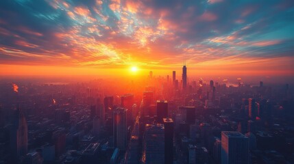 Fototapeta premium A professional city skyline during golden hour, modern skyscrapers, clean and sharp lines, fog and mist