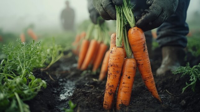 Freshly harvested carrots held by muddy hands in a foggy field, encapsulating the rural essence of farm life.