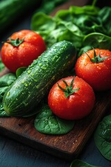 Fresh cucumbers, tomatoes, spinach, wooden board.