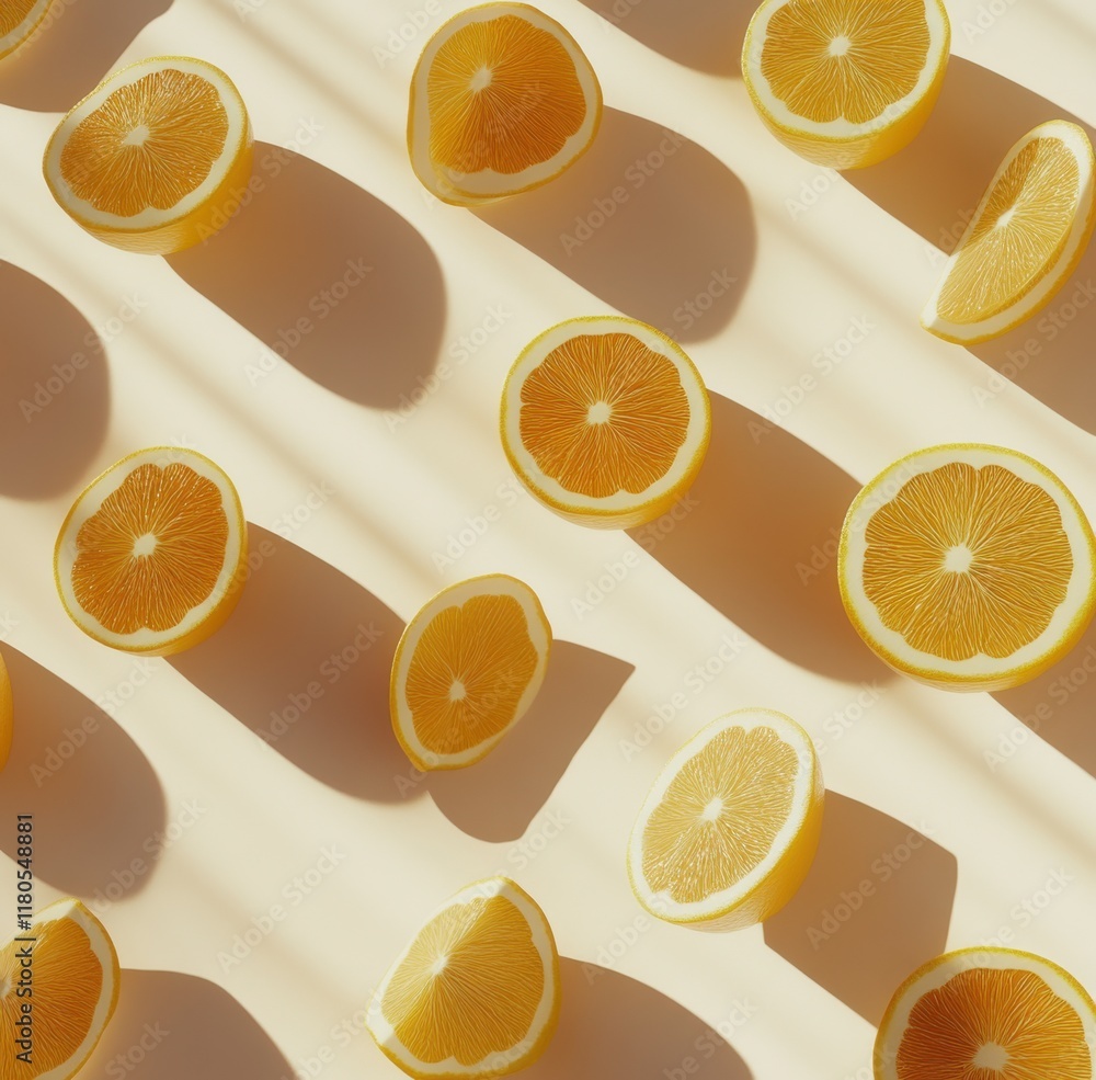 Poster Brightly Colored Lemon Slices on a Light Background with Soft Shadows Creating a Playful and Fresh Aesthetic for Various Creative Projects