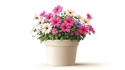 Potted flowering plants with pink, white, and purple blossoms.