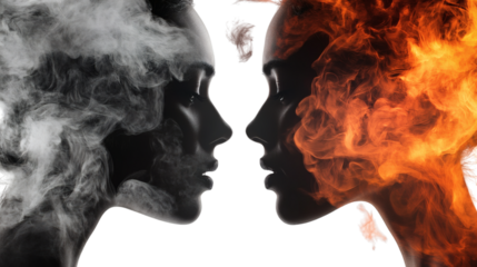 person in flames isolated on white background