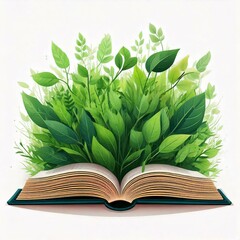 Open book with green plant of nature background
