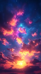 Fototapeta premium Vibrant sunset with colorful clouds and stars.