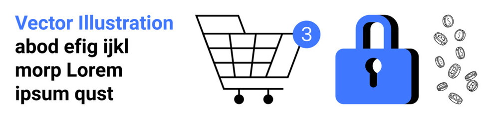 Shopping cart with notification icon, large security lock, and scattered coins. Ideal for e-commerce, online security, payment processing, financial transactions, cybersecurity, internet privacy