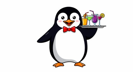 Obraz premium Adorable Penguin Waiter Serving Colorful Cocktails on Tray Cartoon Illustration
