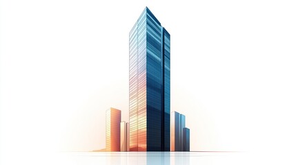 Modern skyscraper at sunset, reflecting light.