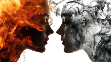 person in flames isolated on white background