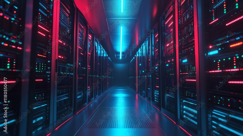 Aufkleber neon-lit server room corridor with rows of data storage racks.