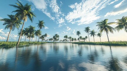 Idyllic tropical beach scene with palm trees reflecting in calm water under a vibrant sky.