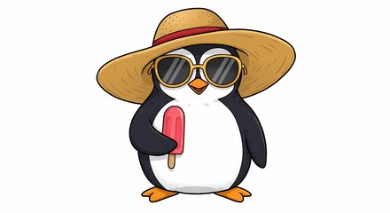 Obraz premium Cool Penguin in Summer Hat Sunglasses Enjoying Popsicle