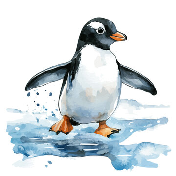 recommend clip art: A watercolor clipart of a penguin sliding on ice, isolated on a white background. Penguin ice vector.
                    