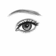 Single female eye black and white sketch art. White background.
