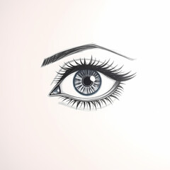 Single female eye black and white sketch art. White background.