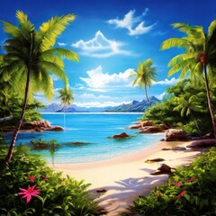 the AI Image Generator, Tropical Beach With Palm Trees and Stunning Blue Sky