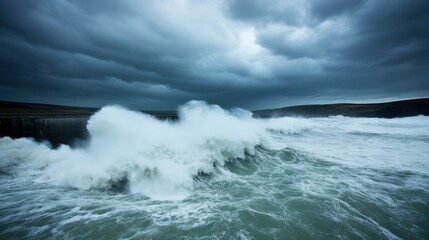 Naklejka premium Dramatic Waves Crashing Against a Coastal Structure During a Storm