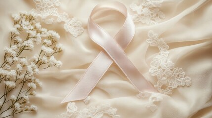 Fototapeta premium Pale Pink Ribbon on Cream Fabric with Delicate Flowers
