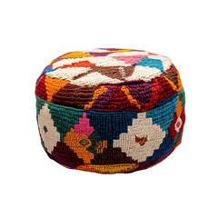 A colorful, patterned pouf featuring intricate geometric designs and vibrant hues.