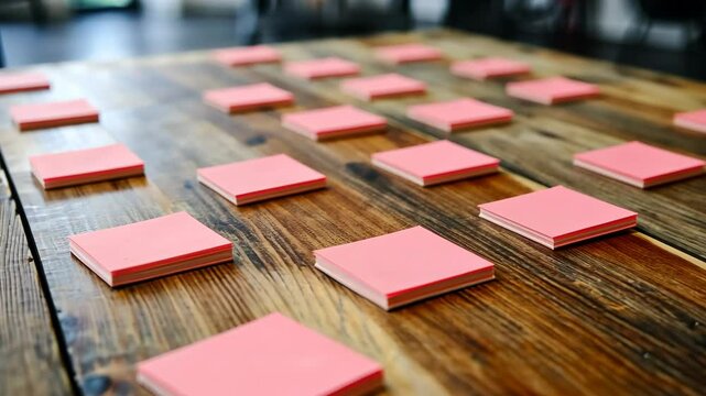Bright pink sticky notes arranged on a wooden table for a brainstorming session in a creative workspace