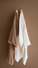Two bath towels hanging on a hook against a brown wall.