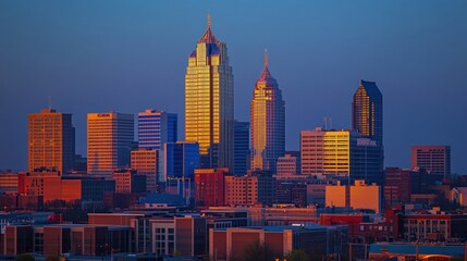 Fototapeta premium A professional city skyline during golden hour, modern skyscrapers, clean and sharp lines, fog and mist