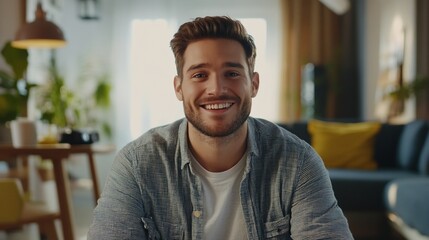 Obraz premium Happy man smiling at camera in living room.