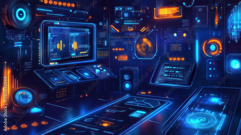 Poster futuristic tech room with glowing interfaces and devices.